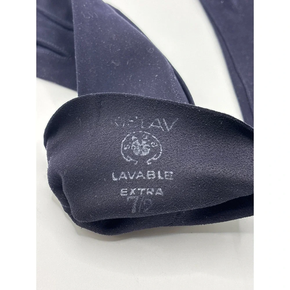 VTG‎ Kislav Lavable Navy Blue Opera Gloves Floral Eyelet Suede Cloth 7.5 France